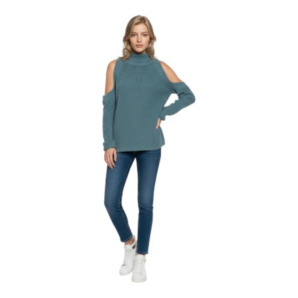 Mono B Small Blue Cold Shoulder Turtleneck Sweater NEW WITH TAGS